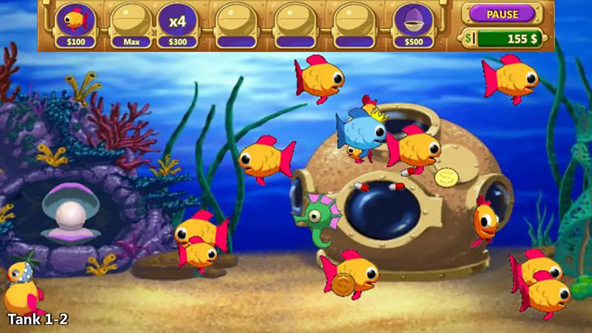 Underwater Fish Boom gameplay screen with colourful cartoon fish swimming around a sandy seabed, coral and seaweed, a pearl in an open shell, and a submarine-like structure with UI controls and balance displayed at the top.