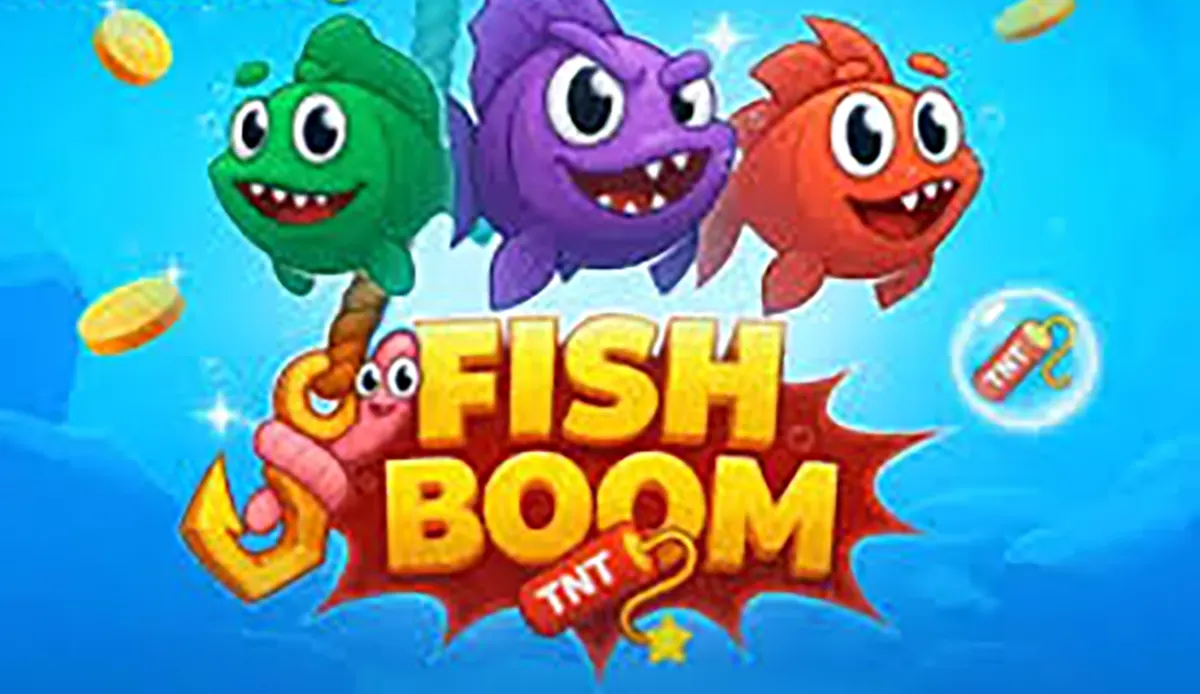 Colourful Fish Boom game artwork showing three cartoon fish (green, purple, and red) above the “FISH BOOM” title, with a hook, floating coins, and an underwater blue background.